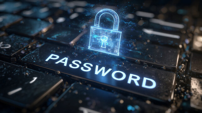 Ultra-realistic cinematic close-up of "Password" key on a high-end keyboard, camera angled to emphasize depth, surrounding keys softly defocused, futuristic holographic padlock sym