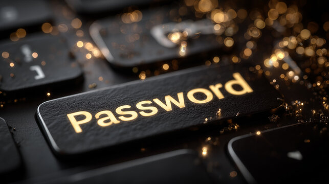 Detailed macro shot of "Password" key, polished black surface reflecting subtle ambient light, bokeh of glowing digital code in background, symbolizing secure authentication, cyber
