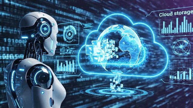 Humanoid robot interacting with a glowing cloud interface displaying data.
