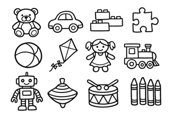 Kids Toys Hand Drawn Doodle Icons Set. Vector Collection of Childhood Playtime and Educational Game Symbols.
