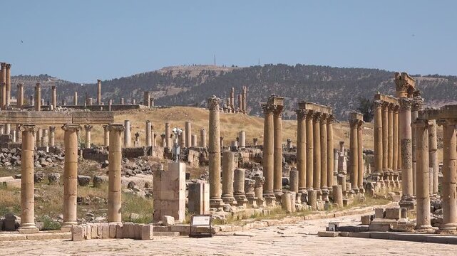 Exploring ancient Roman ruins in Jerash with tall columns and bright flowers on a clear day