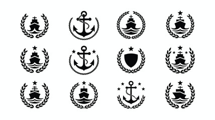 Navy crest style silhouettes with anchors ships and laurel wreaths on white background for design and branding © Jayshri
