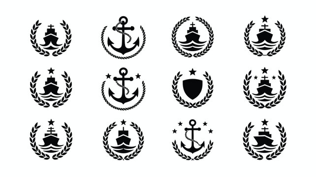 Navy crest style silhouettes with anchors ships and laurel wreaths on white background for design and branding