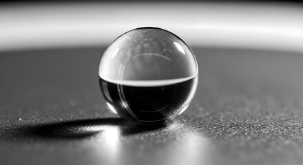 Macro Shot of a Transparent Sphere with Liquid Inside, Reflecting Light on a Dark Surface