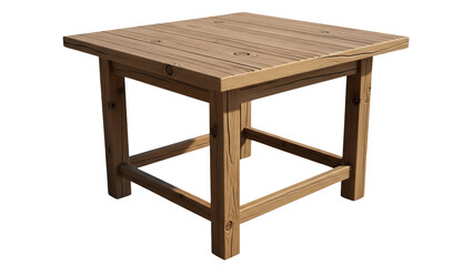 A wooden table with a transparent background is viewed from the side, showcasing its rustic design and sturdy legs.