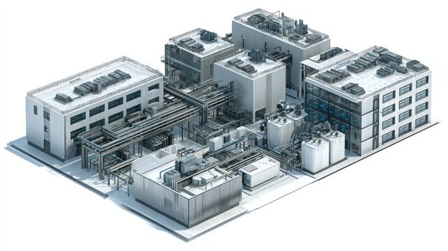 Rendered architectural 3D model depicts a modern industrial complex with various buildings and machinery