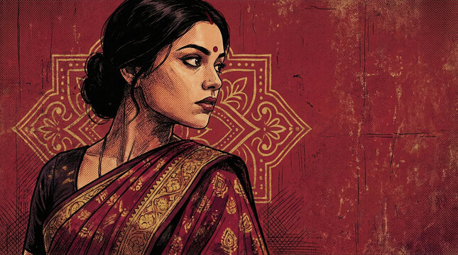 Vintage comic style illustration of Indian woman in red sari with copy space.