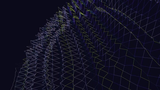 Futuristic wireframe structure with neon highlights in dark environment viewed from below exactly
