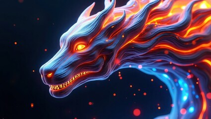 Fiery blue dragon head with glowing eyes and flowing mane mythical creature fantasy