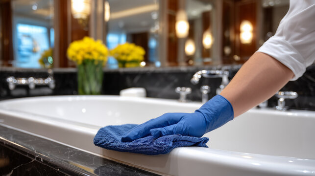 High-resolution close-up of impersonal hands in gloves wiping a sleek bathtub, microfiber cloth gliding across smooth acrylic, reflective chrome fixtures in background, soft ambien