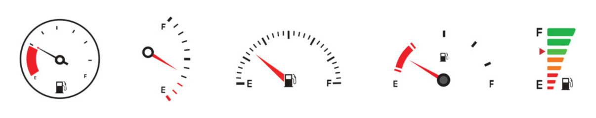 Fuel level gauge icon set car gas tank indicator symbols transparent vector illustration. © Rubel