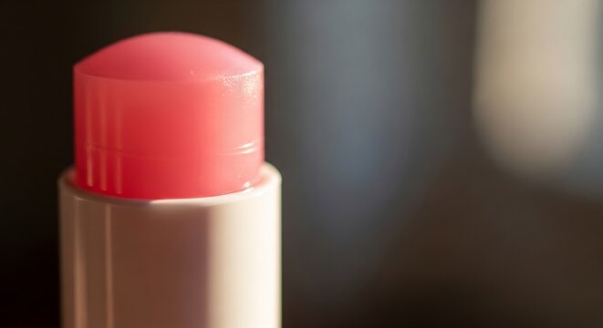 Close up of a pink lip balm stick with a textured cap.