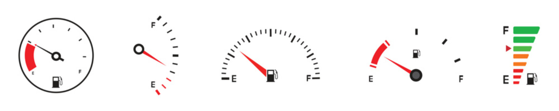 Fuel level gauge icon set car gas tank indicator symbols transparent vector illustration.