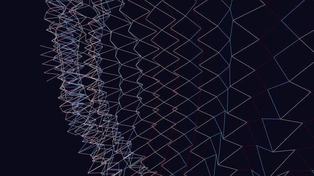 Geometric pattern of interconnected lines forming a complex network design on a dark blue background viewed from directly above