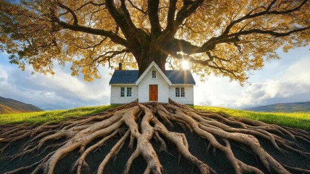 A sturdy house with deep roots, representing home protection, financial stability, and lasting security, situated on a green hill under a majestic tree, bright sky