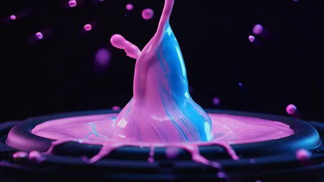 Speaker cone with pink liquid splash and blue lighting for sound vibration visualization