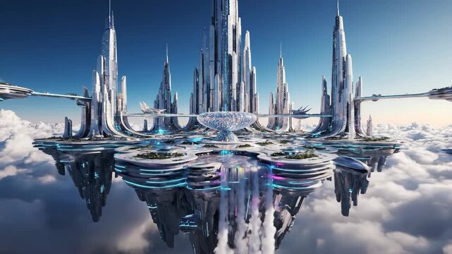 Futuristic Floating Cityscape with Sleek Aircraft Above Clouds futuristic city flying city utopian city
