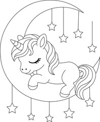 Sleeping Baby Unicorn on Moon Coloring Page – Cute Fantasy Cartoon Line Art Illustration © Rifat