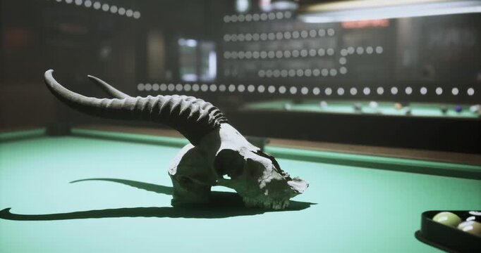 A horned skull rests as a striking centerpiece on a green billiard table in a dimly lit bar. The atmosphere is lively with blurred lights in the background, creating a fun ambiance.