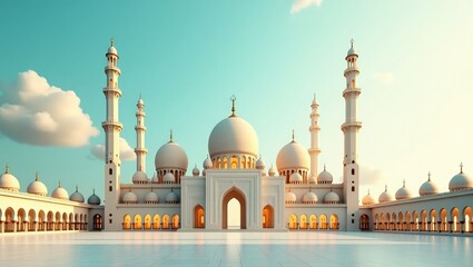 Majestic mosque with domes and minarets in a serene landscape golden light reflecting off white architecture under a blue sky with clouds