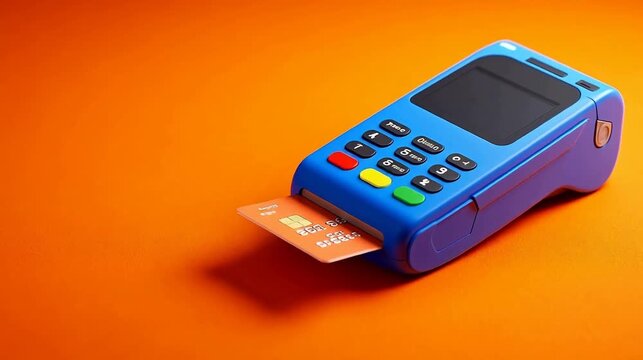 Blue credit card payment terminal with card