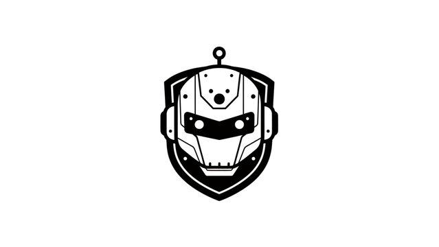 Black and white graphic of a robot head within a shield shape. Includes a top loop