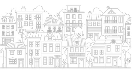 Obraz premium Detailed line drawing of a row of European style houses and buildings.
