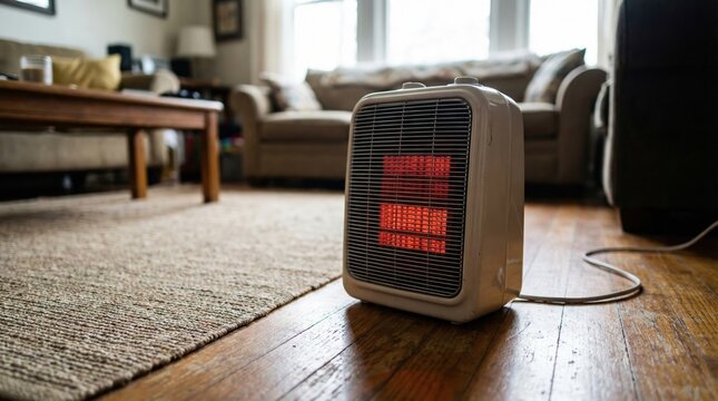 Cozy living room with portable electric heater on wooden floor enhancing warmth and comfort