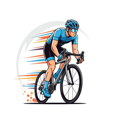 Naklejka premium Dynamic cyclist in blue racing gear speeds ahead on a road bicycle, isolated on transparent background.