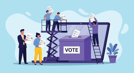 Illustration of people casting votes into a large ballot box labeled "VOTE." They stand on ladders and platforms in front of a giant laptop, symbolizing digital voting. © DHS