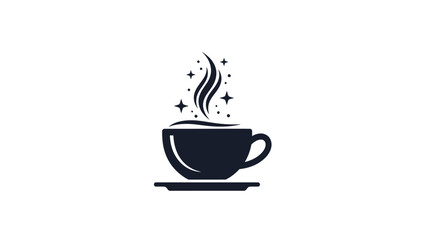 Obraz premium A stylized coffee cup with steam and star bursts. Presented on a saucer, dark on white