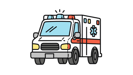 A flat, stylized illustration of a white ambulance with colored lights