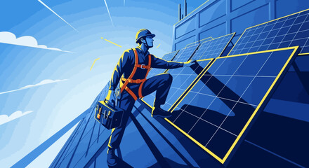 Worker installing solar panels on a rooftop with safety gear