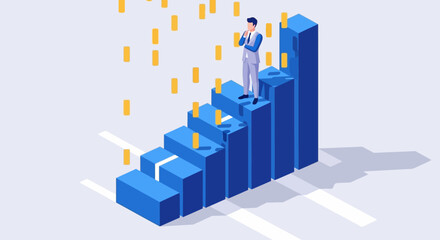 Fototapeta premium Businessman standing on blue bar graph with rising trend and gold coins