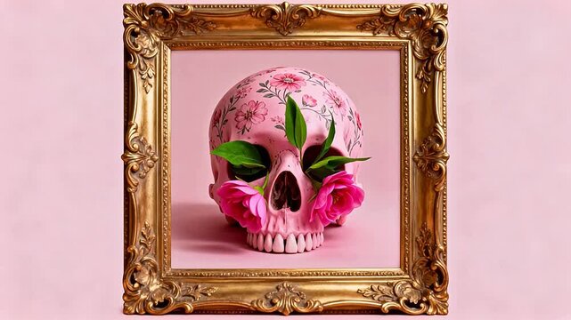 Pink skull with floral design in ornate frame