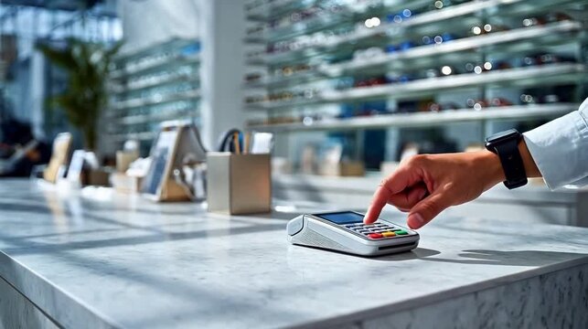 Person using payment terminal in store