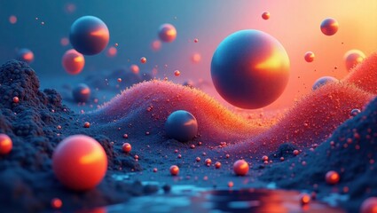 Floating spheres on textured alien landscape abstract cosmic