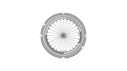 A stylized bicycle wheel with spokes, a tire, and rim set against a white background