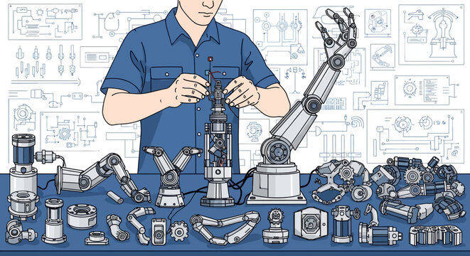 Technician assembling robotic arm components on workbench with various mechanical parts