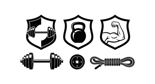 A collection of fitness icons showcasing weights, kettlebells, a muscular arm, and a rope, all emblematic