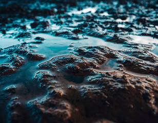 Wet muddy soil texture with glossy surface and intricate organic earth patterns