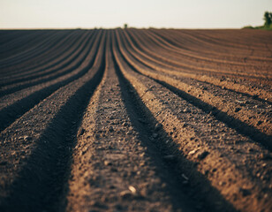 Cultivated agricultural soil texture showing plowed earth ridges and farming patterns