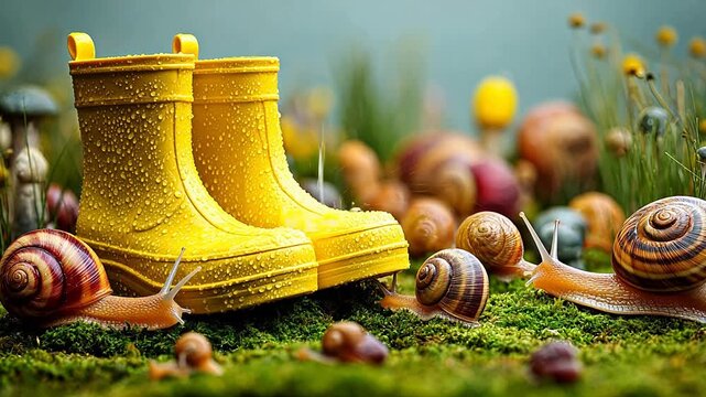 Yellow rain boots and snails on moss