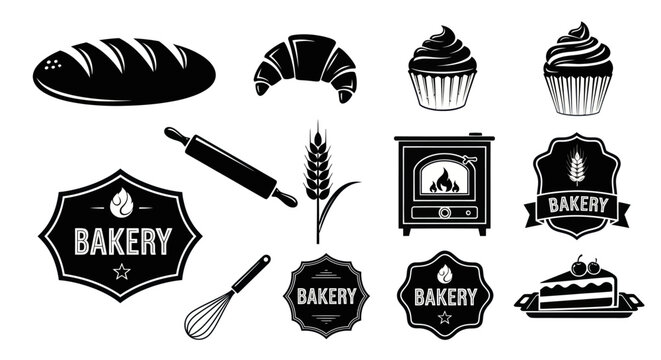 A collection of bakery-related icons including bread, croissant, cupcakes, and kitchen tools
