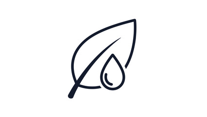 A dark outlined leaf with a water droplet adjacent on a white background