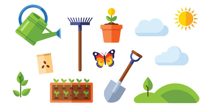 A vibrant collection of gardening tools and elements, including a watering can, rake, shovel, seeds, potted plant, seedlings, a butterfly, clouds, and a sunny sky.