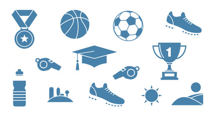 Collection of sports and education icons including a medal, basketball, soccer ball, running shoes, whistles, graduation cap, trophy, water bottle, and sun.