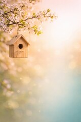 Soft spring background with blossom branches and wooden birdhouse in warm sunlight. Seasonal nature scene with copy space for text