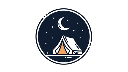 A camping scene, tent under a crescent moon & stars, within a circle border © gudangPIXEL