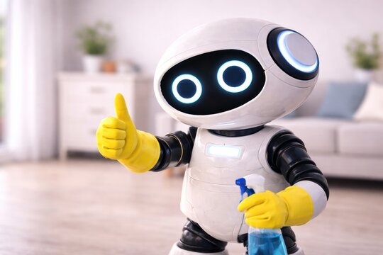 Friendly cleaning robot showing thumbs up after housework.